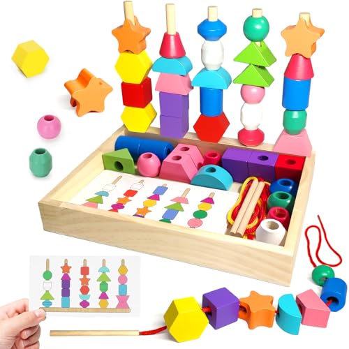 Chithor Montessori Spielzeug ab 3 4 5 6 Jahre, Holzspielzeug Steckspiel, Fädelspiel Sortierspiel für Kinder, Stapelspiel Motorikspielzeug Lernspiele Geschenk für Baby Junge Mädchen von Chithor