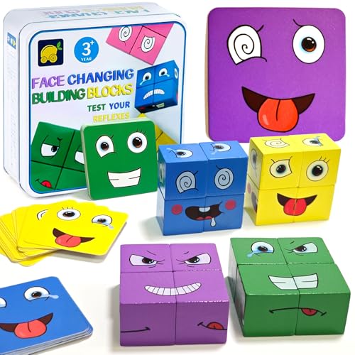 Holzwürfel Puzzle, Face Changing Magic Cube, Geschichtenwürfel, Emoji Blocks Baustein Montessori Spielzeug, 3D Puzzle Face-Changing Magic Cube Set für 2 3 4 5 6 Kinder Gift von Chithor