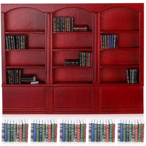Chivertion Miniatur-Bücherregal aus Holz im Maßstab 1:12, mit 48 Miniatur-Büchern, Mini-Bücherregal, Mini-Bibliotheksmöbel, Geschenk (rot) von Chivertion