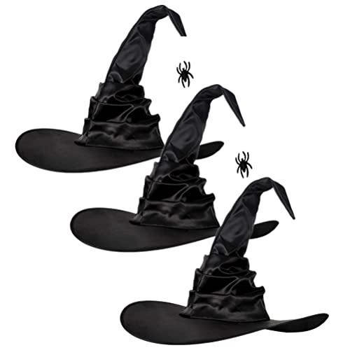 Chiyyak 3 PCs Halloween Hexenhüte Schwarzen Hexenhut mit Spinnen, Fledermaus und Regulären Stilen Große Rötehüte für Halloween -Party, Bühnenshow, Cosplay (Schwarz) von Chiyyak