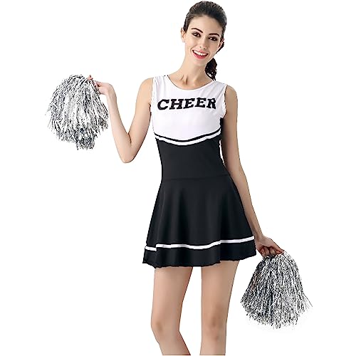 Cheerleaderkostüm Damen mit Cheerleader Pompoms – Cheerleader Kostüm Damen – Kostüm Damen als High School Cheerleader – Halloween Kostüm - Karneval Kostüm Damen von Chnnamzu