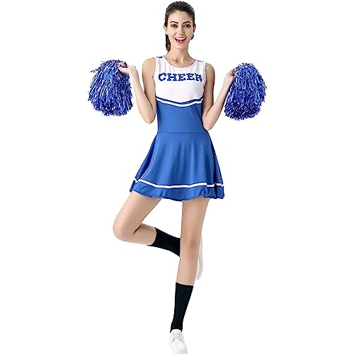 Cheerleaderkostüm Damen mit Cheerleader Pompoms – Cheerleader Kostüm Damen – Kostüm Damen als High School Cheerleader – Halloween Kostüm - Karneval Kostüm Damen von Chnnamzu