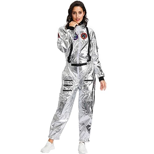 Chnnamzu Astronaut Kostüm Damen Herren -Glänzend Jumpsuit Kostüm Weltall Raumfahrer Outfit Karneval Kostüm Overall Metallic Langarm Spaceman Cosplay Paar Space Kostüm Rollenspiel Faschingskostüme von Chnnamzu