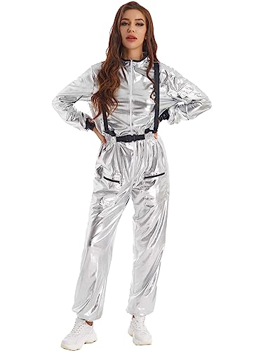 Choomomo Alien Kostüm Damen Astronauten Cosplay Kostüm Für Fasching Karneval Metallic Glitzer Jumpsuit Metallischer Overall Festival Kostüm Set Silber A L von Choomomo