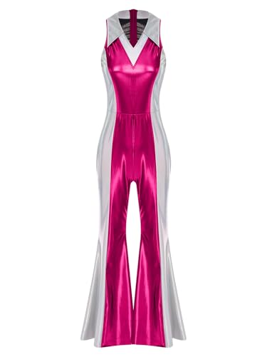 Choomomo Damen Ärmellos Ganzkörperanzug mit Schlaghose 70er 80er Disco Kostüm Metallic Jumpsuit Vintage Festliches Overall Für Karneval Cosplay Party Hot Pink XXL von Choomomo