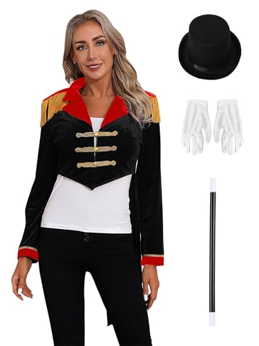 Choomomo Damen Zirkus Kostüm Samt Frack Jacke mit Hut Handschuhe und Zauberstab Ringmaster Uniform Karneval Kostüm Fasching Mottoparty Outfit Schwarz XXL Choomomo Damen Zirkus Kostüm Samt Frack Jacke mit Hut Handschuhe und Zauberstab Ringmaster Uniform Karneval Kostüm Fasching Mottoparty Outfit Schwarz XXL von Choomomo