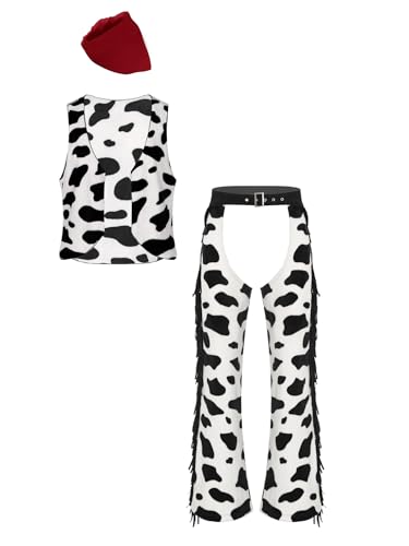 Choomomo Herren Cowboy Cosplay Kostüm Kuh Druck Ärmellos Fleeceweste Mit Hose Halstuch Cowboy Halloween Hippie Rollenspiel Outfits Rot L von Choomomo