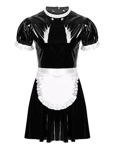 Choomomo Herrenkostüm Dienstmädchen Kostüm Sexy Minikleid Lack Leder Halloween Maid Kostüm Outfit Set Lolita Cosplay Uniform Dessous Set Schwarz L von Choomomo