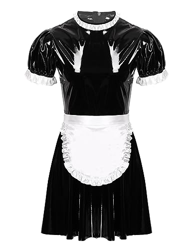 Choomomo Herrenkostüm Dienstmädchen Kostüm Sexy Minikleid Lack Leder Halloween Maid Kostüm Outfit Set Lolita Cosplay Uniform Dessous Set Schwarz XL von Choomomo