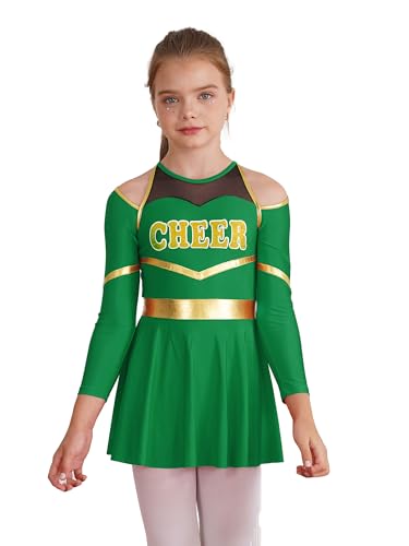 Choomomo Kinder Cheer Leader Kostüm Langarm Cheerleading Uniform mit/ohne Pompoms/Harrband Schulmädchen Tanzkleid Halloween Cheerleading Outfits Grün 134-140 von Choomomo