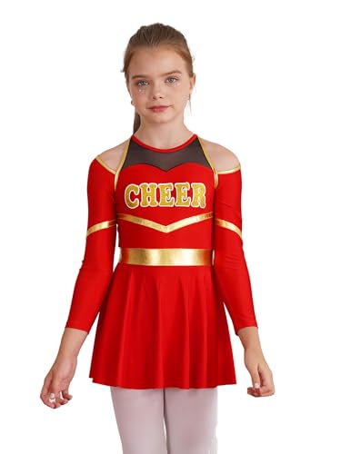 Choomomo Kinder Cheer Leader Kostüm Langarm Cheerleading Uniform mit/ohne Pompoms/Harrband Schulmädchen Tanzkleid Halloween Cheerleading Outfits Rot 146-152 von Choomomo