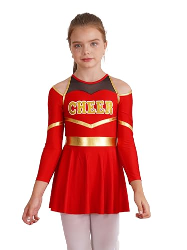 Choomomo Kinder Cheer Leader Kostüm Langarm Cheerleading Uniform mit/ohne Pompoms/Harrband Schulmädchen Tanzkleid Halloween Cheerleading Outfits Rot 158-164 von Choomomo