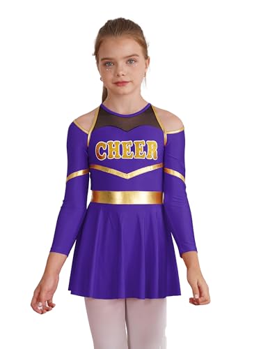 Choomomo Kinder Cheer Leader Kostüm Langarm Cheerleading Uniform mit/ohne Pompoms/Harrband Schulmädchen Tanzkleid Halloween Cheerleading Outfits Violett 122-128 von Choomomo