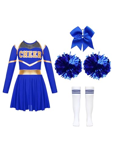 Choomomo Kinder Cheer Leader Kostüm Langarm Cheerleading Uniform mit Pompoms/Harrband Schulmädchen Tanzkleid Halloween Cheerleading Outfits Königsblau 170 von Choomomo