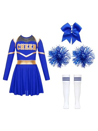 Choomomo Kinder Cheer Leader Kostüm Langarm Cheerleading Uniform mit Pompoms/Harrband Schulmädchen Tanzkleid Halloween Cheerleading Outfits Königsblau- 170 von Choomomo