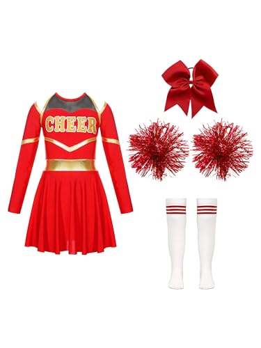Choomomo Kinder Cheer Leader Kostüm Langarm Cheerleading Uniform mit Pompoms/Harrband Schulmädchen Tanzkleid Halloween Cheerleading Outfits Rot - 170 von Choomomo