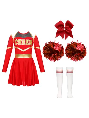 Choomomo Kinder Cheer Leader Kostüm Langarm Cheerleading Uniform mit Pompoms/Harrband Schulmädchen Tanzkleid Halloween Cheerleading Outfits Rot 170 von Choomomo
