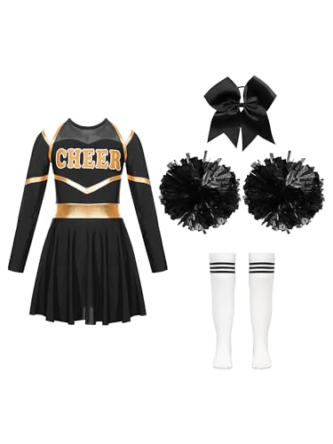 Choomomo Kinder Cheer Leader Kostüm Langarm Cheerleading Uniform mit Pompoms/Harrband Schulmädchen Tanzkleid Halloween Cheerleading Outfits Schwarz- 170 von Choomomo
