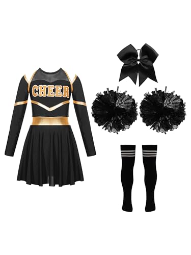 Choomomo Kinder Cheer Leader Kostüm Langarm Cheerleading Uniform mit Pompoms/Harrband Schulmädchen Tanzkleid Halloween Cheerleading Outfits Schwarz 170 von Choomomo