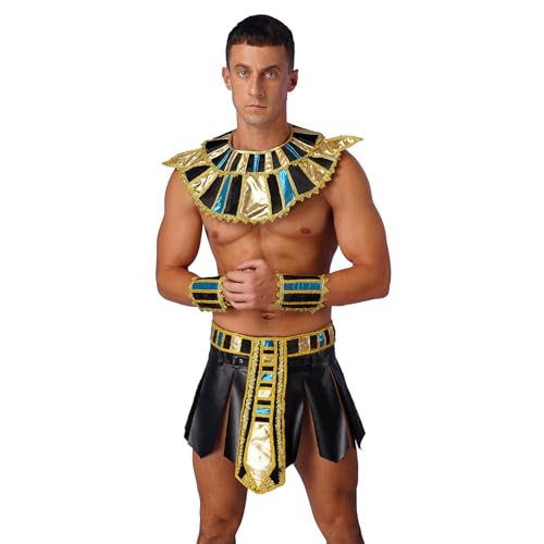 Choomomo Männer Ägyptischer Pharao Kostüm Set Rock mit Gürtel Halskragen Armmanschetten Cosplay Performance Fasching Pharaonen-Kostüm Zubehör Schwarz M von Choomomo