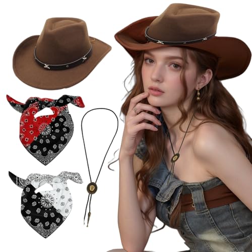 4 Stück Western Cowboyhut mit Bandana und Western-Cowboy-Anhänger, Kopfbedeckung für Faschingskostüme, Western Cowgirl Hüte für Verkleidung, Kostüm, Karneval, Mottoparty Cosplay Party Dress Up (Brown) 4 Stück Western Cowboyhut mit Bandana und Western-Cowboy-Anhänger, Kopfbedeckung für Faschingskostüme, Western Cowgirl Hüte für Verkleidung, Kostüm, Karneval, Mottoparty Cosplay Party Dress Up (Brown) von ChouGlow