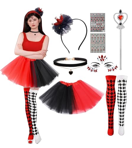 ChouGlow Karneval Kostüm Damen,Herzkönigin Kostüm,Rotes Herz Königin Kostüm Set mit Kleid, Krone, Gesicht Edelsteine und Socken für Karneval,Fasching,Mottoparty. von ChouGlow