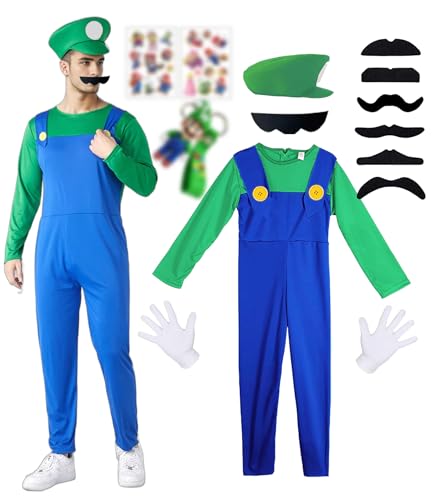 ChouGlow Super Brüder Cosplay Kostüm,Super Klempner Kostüm Set mit Mütze Schnurrbärte Handschuhe Mari und Lugi Kostüm Brothers Jumpsuit Halloween Karneval Kostüm Set für Kinder Damen Herren von ChouGlow