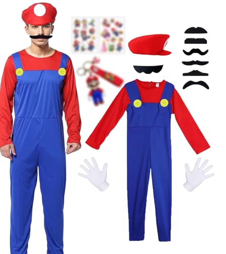 ChouGlow Super Brüder Cosplay Kostüm,Super Klempner Kostüm Set mit Mütze Schnurrbärte Handschuhe Mari und Lugi Kostüm Brothers Jumpsuit Halloween Karneval Kostüm Set für Kinder Damen Herren von ChouGlow