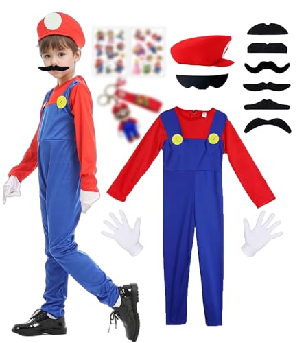 ChouGlow Super Brüder Cosplay Kostüm,Super Klempner Kostüm Set mit Mütze Schnurrbärte Handschuhe Mari und Lugi Kostüm Brothers Jumpsuit Halloween Karneval Kostüm Set für Kinder Damen Herren von ChouGlow