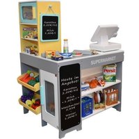 Moderner Kaufladen aus Holz mit echten Supermarktfunktionen. Mit 2 Warentrenner, einen großen Aufbewahrungsschrank und eine Eistruhe mit Tür. 2 Tafeln für Angebote. von Chr. Tanner GmbH