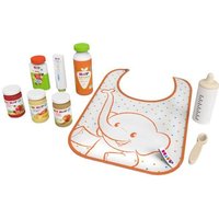 Verschiedene Holzprodukte von Hipp, Gläschen, Quetschies, Karottensaftund Creme. Passend dazu ein Lätzchen sowie Michflasche und Löffel von Chr. Tanner GmbH