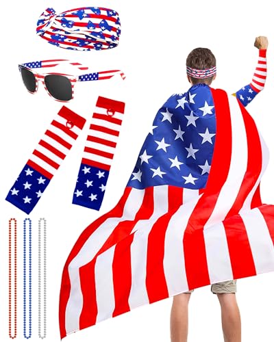 Umhang mit patriotischer amerikanischer Flagge, tragbare Flagge, Sonnenbrille, Stirnband, Perlenärmel, klassische Flagge für den 4. Juli, Unabhängigkeitstag, mehrfarbig, Mehrfarbig/Meereswellen (Ocean von ChristmaxStore