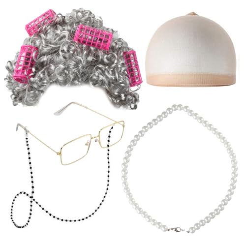 Chstarina 5 Stück Oma Kostüm, Großmutter Cosplay, Old Lady Kostüm, Oma Perücke Grau, Perücke Kappe, Oma Brille mit Kette, Perlenkette, Oma Verkleidung für Damen, Mädchen, Karneval, Kostümzubehör Chstarina 5 Stück Oma Kostüm, Großmutter Cosplay, Old Lady Kostüm, Oma Perücke Grau, Perücke Kappe, Oma Brille mit Kette, Perlenkette, Oma Verkleidung für Damen, Mädchen, Karneval, Kostümzubehör von Chstarina
