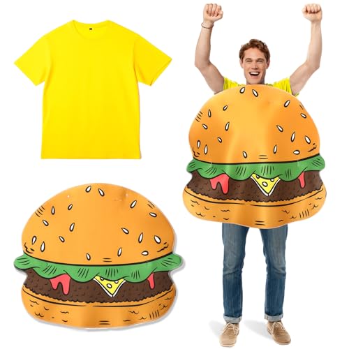 Chuangdi Hamburger-Kostüm für Erwachsene, mit gelbem T-Shirt, lustiges Essen, Cheeseburger, Cosplay, für Halloween, 2 Stück, gelb, Large von Chuangdi