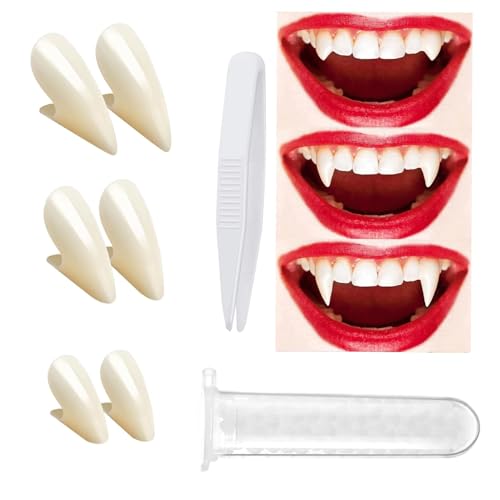 3 Paar Vampir Zähne, Halloween Vampirzähne Gebiss Fangs Kit, 3 Größen (13mm 15mm 17mm) Vampir Fangs Gefälschte mit 1 Rohr Zähne Pellets Klebstoff für Halloween Cosplay Party von Chuankefanxing