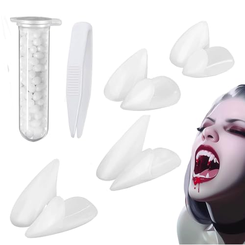 4 Paar Vampir Zähne, Halloween Vampirzähne Gebiss Fangs Kit, 4 Größen (13mm 15mm 17mm 19mm) Vampir Fangs Gefälschte mit 1 Rohr Zähne Pellets Klebstoff für Halloween Cosplay Party von Chuankefanxing
