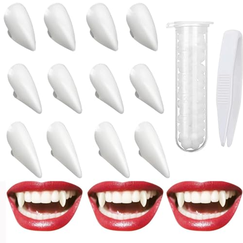6 Paar Vampir Zähne, Halloween Vampirzähne Gebiss Fangs Kit, 3 Größen (13mm 15mm 17mm) Vampir Fangs Gefälschte mit 1 Rohr Zähne Pellets Klebstoff für Halloween Cosplay Party von Chuankefanxing