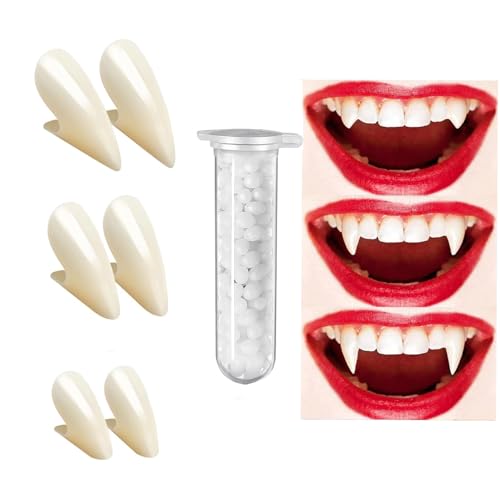 Vampir Zähne, 3 Paar Halloween Vampirzähne Gebiss Fangs Kit, 3 Größen Vampir Fangs Gefälschte mit 1 Rohr Zähne Pellets Klebstoff für Cosplay Party Requisiten Halloween Gefälligkeiten Vampir Zähne, 3 Paar Halloween Vampirzähne Gebiss Fangs Kit, 3 Größen Vampir Fangs Gefälschte mit 1 Rohr Zähne Pellets Klebstoff für Cosplay Party Requisiten Halloween Gefälligkeiten von Chuankefanxing
