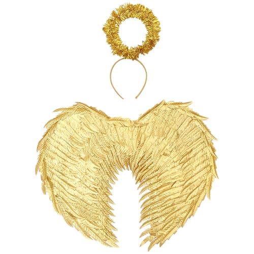 Chukamalilayi Engelsflügel und Stirnband Sets, Glitzer Federflügel für Halloween Geburtstag Foto Requisiten (Gold, Einheitsgröße) von Chukamalilayi