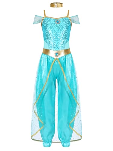 Chukamalilayi Jasmin-Prinzessinnenkostüme für Kinder, Mädchen, arabisches Kostüm, Party-Outfits, Halloween, Cosplay, Kleidung (Hellblau, 13–14 Jahre) von Chukamalilayi