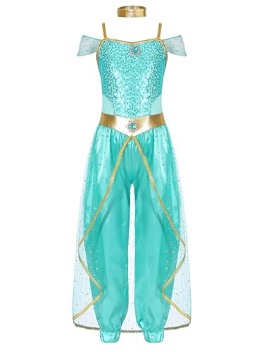 Chukamalilayi Jasmin-Prinzessinnenkostüme für Kinder, Mädchen, arabisches Kostüm, Party-Outfits, Halloween, Cosplay, Kleidung (Hellgrün, 9–10 Jahre) von Chukamalilayi