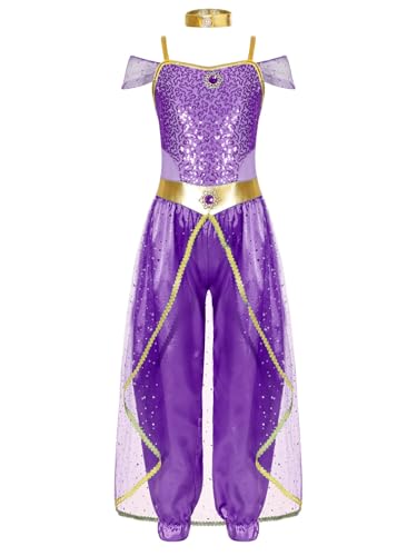 Chukamalilayi Jasmin-Prinzessinnenkostüme für Kinder, Mädchen, arabisches Kostüm, Party-Outfits, Halloween, Cosplay, Kleidung (Lila, 7–8 Jahre) von Chukamalilayi