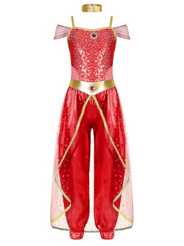 Chukamalilayi Jasmin-Prinzessinnenkostüme für Kinder, Mädchen, arabisches Kostüm, Party-Outfits, Halloween, Cosplay, Kleidung (Rot, 11–12 Jahre) von Chukamalilayi