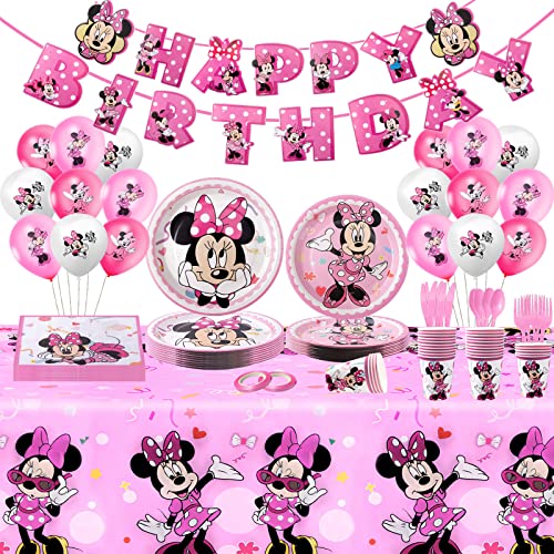 92Pcs Minnie Mouse Geburtstagsdeko Rosa Partygeschirr Set Pappteller Luftballons Mickey Mouse Geburtstagsdeko Mädchen Geburtstags Deko 1 2 3 4 5 6 7 8 9 Jahr für Kindergeburtstag Dekorationen von Chukua