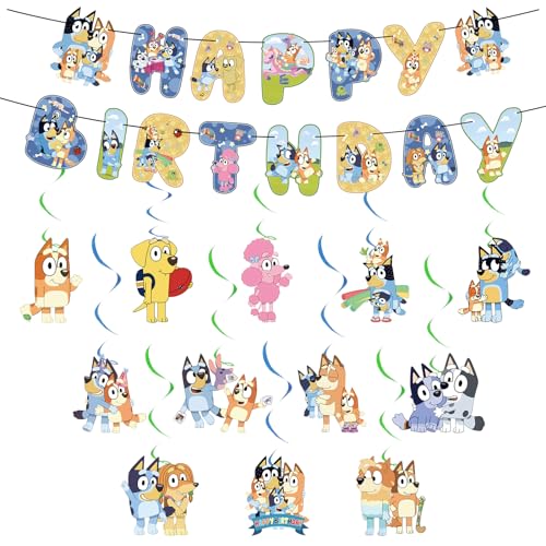 Chukua 14PCS Geburtstag Deko Blue- y Bunting Girlande Hängende Deko Geburtstag Banner Swirl Decorations Blau Dog Happy Birthday Banner Dekoration für Kinder Bluey Thema Party Deko von Chukua