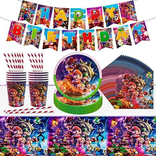 Chukua 53Pcs Ma-rio Pappteller Kindergeburtstag Deko Super Bros Geburtstag Geschirr Set Deko Geburtstag Partygeschirr Girlande Party Tischdecke Servietten Teller und Becher Trinkhalme für 10 Gäste von Chukua