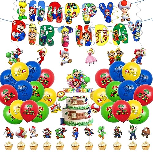 48Pcs Luftballon Geburtstag Deko Jungen Mädchen Ma- rio Ballon Geburtstagsdeko Super Bros Happy Birthday Banner Cake Cupcake Toppers Hängen Wirbel für Kindergeburtstag Party Supplies Deko von Chukua