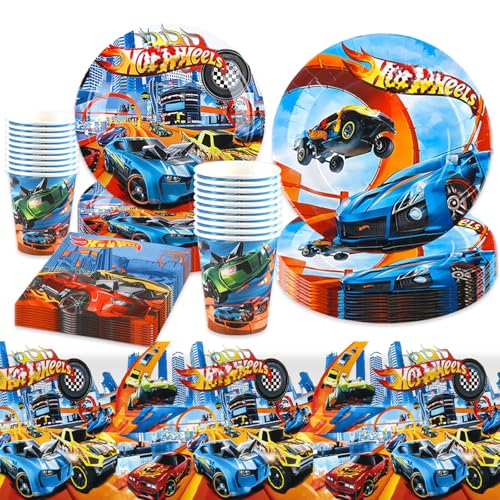 Chukua Pappteller Kindergeburtstag Deko Jungen Mädchen - Autos Geburtstag Geschirr Set Hot Geburtstagsdeko Wheels Partygeschirr Cars Party Supplies Deko Tischdecke Servietten Teller Tassen 10 Gäste von Chukua