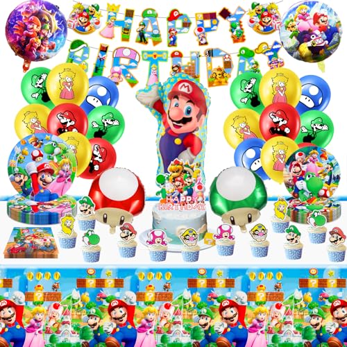 Chukua 80Pcs Ma-rio Geburtstag Pappteller Kindergeburtstag Deko Super Bros Geschirr Geburtstagsdeko Partygeschirr Set mit Luftballon Girlande Cake Topper Tischdecke Servietten Teller für 10 Personen von Chukua