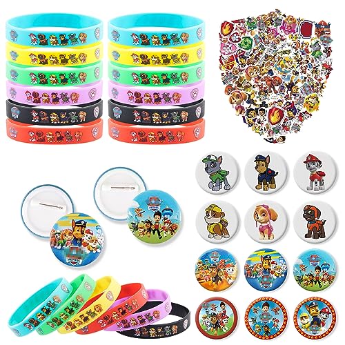 Dog Mitgebsel Kindergeburtstag-74pcs Hund Patrol Spielzeug Set mit 50 Aufkleber Kinder 12 Abzeichen 12 Silikon Armbänder für Geschenk Mitgebsel Kinder geburtstag Deko Party Zubehör Junge Mädchen von Chukua